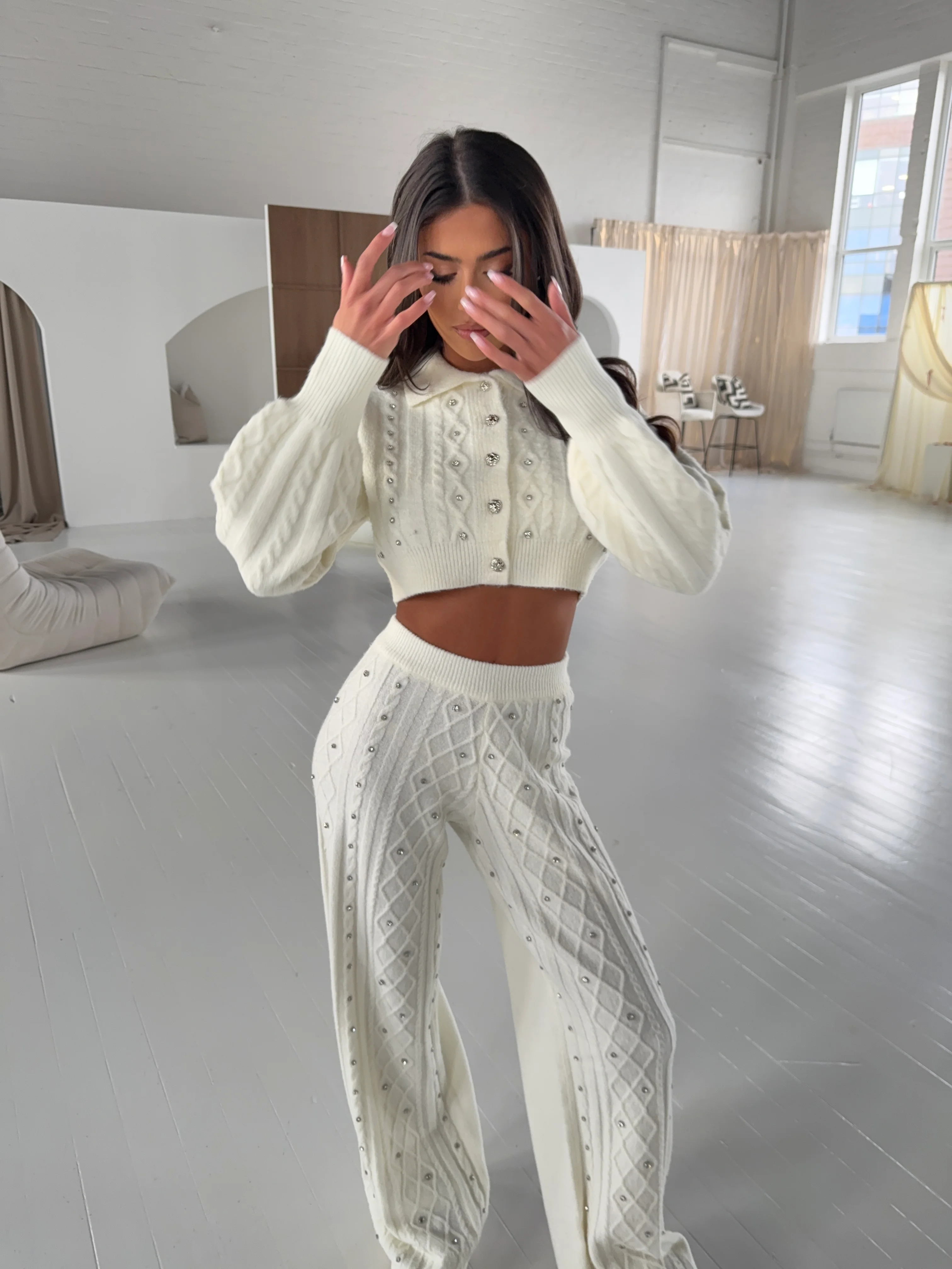 AURORA IVORY KNIT DIAMANTÉ TROUSERS - Image 4