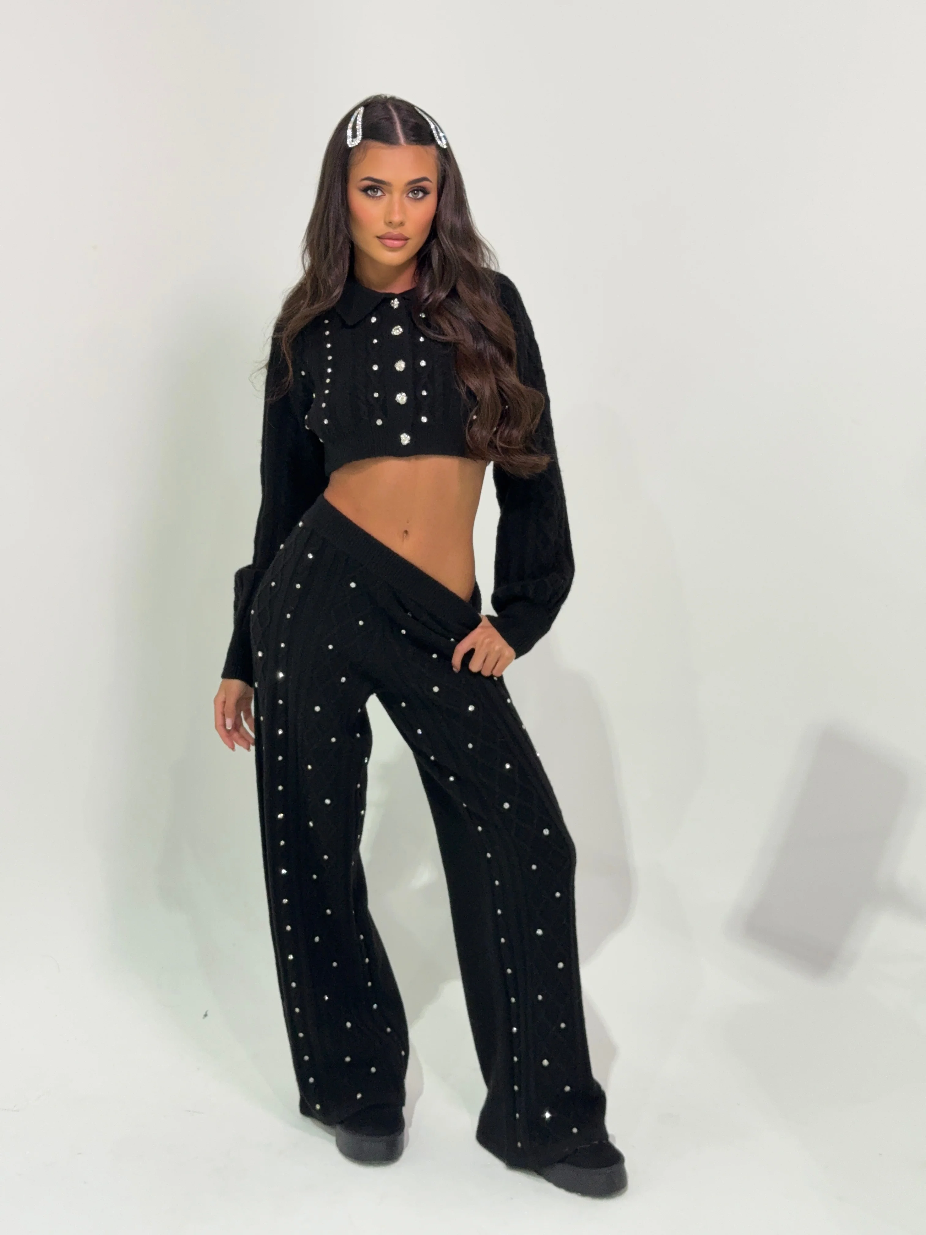 AURORA NOIR CABLE KNIT DIAMANTÉ TROUSERS - Image 6